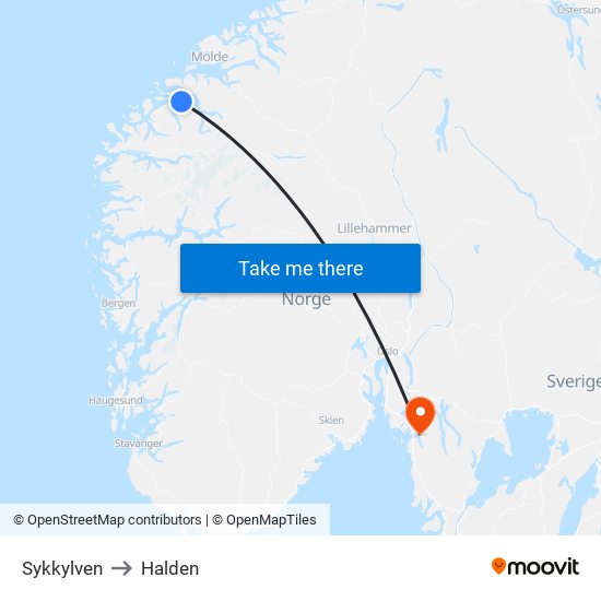 Sykkylven to Halden map