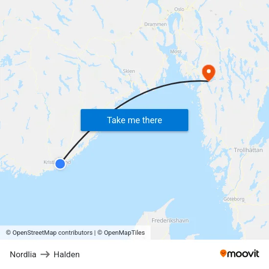 Nordlia to Halden map