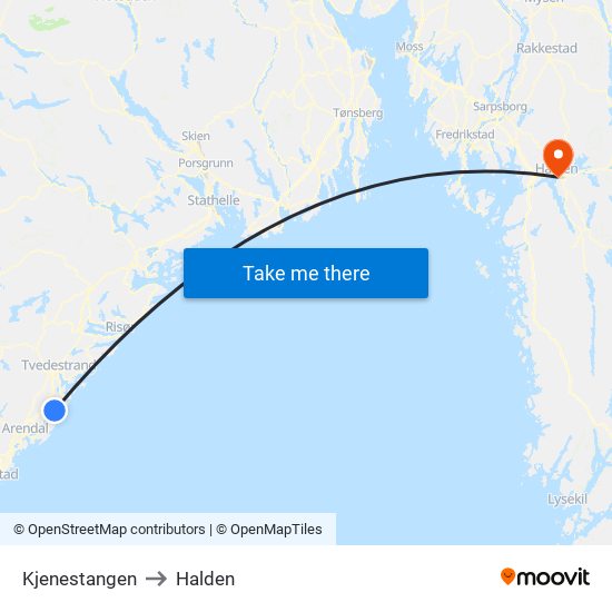 Kjenestangen to Halden map