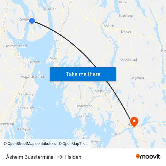 Åsheim Bussterminal to Halden map