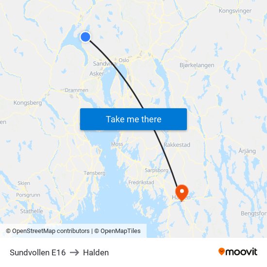 Sundvollen E16 to Halden map