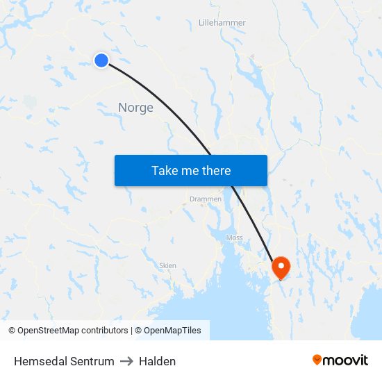 Hemsedal Sentrum to Halden map