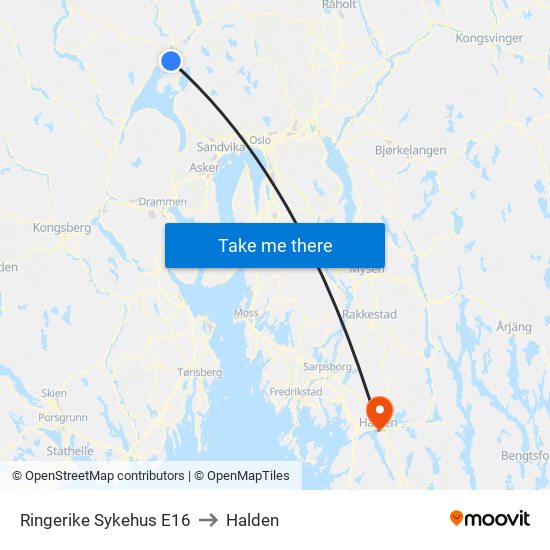 Ringerike Sykehus E16 to Halden map