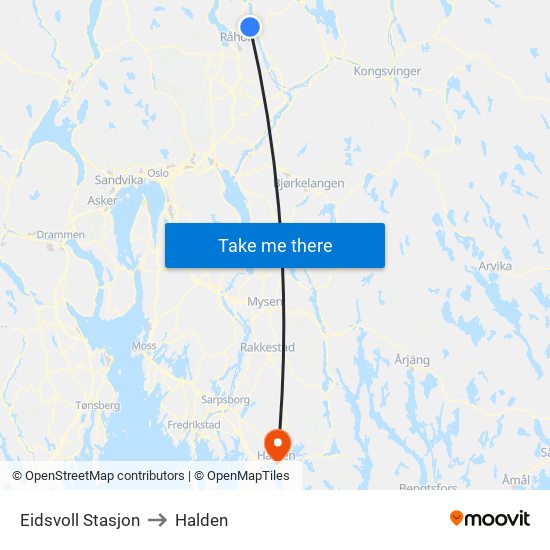 Eidsvoll Stasjon to Halden map