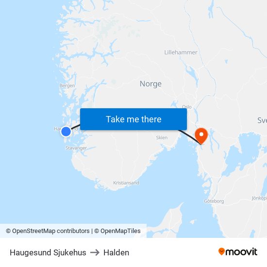 Haugesund Sjukehus to Halden map