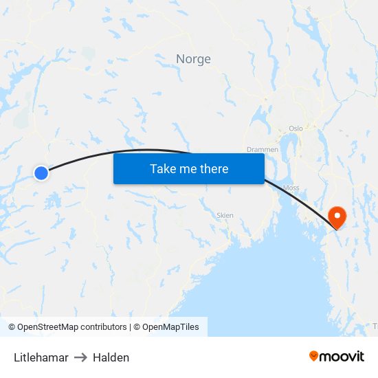 Litlehamar to Halden map