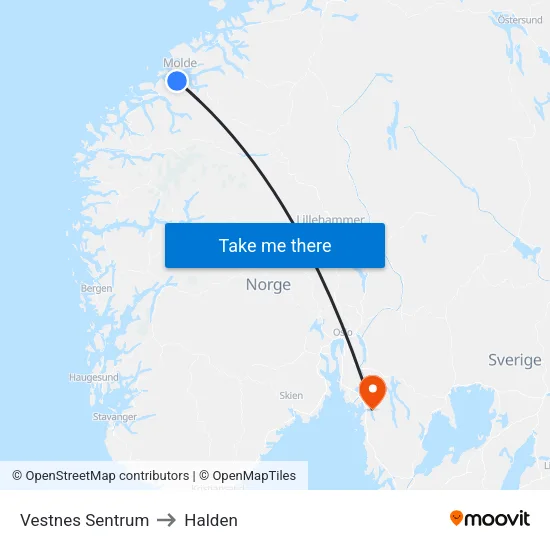 Vestnes to Halden map