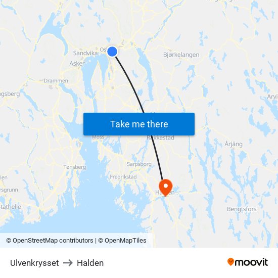 Ulvenkrysset to Halden map