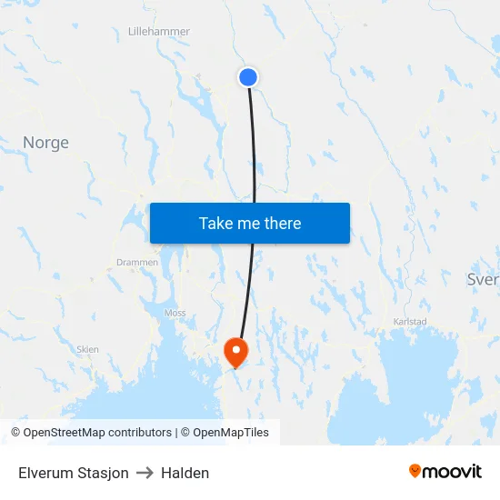 Elverum Stasjon to Halden map