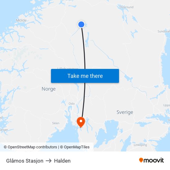 Glåmos Stasjon to Halden map