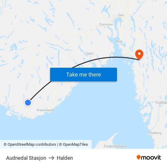 Audnedal Stasjon to Halden map