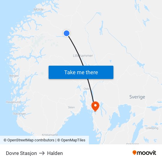 Dovre Stasjon to Halden map