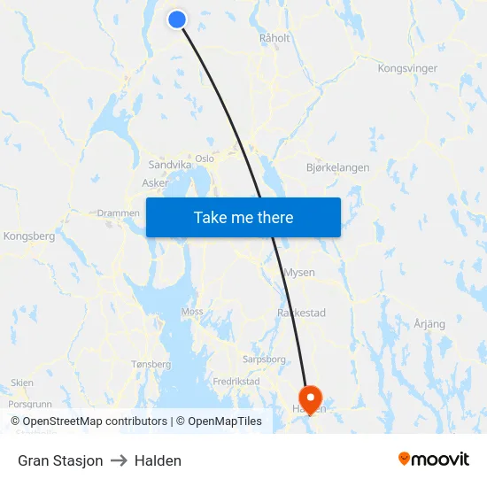 Gran Stasjon to Halden map