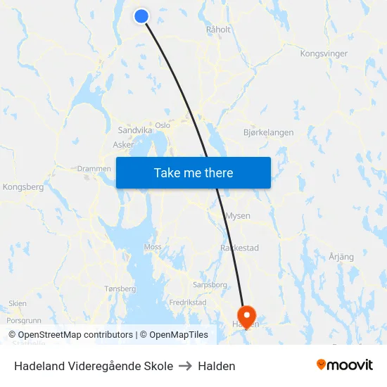 Hadeland Videregående Skole to Halden map