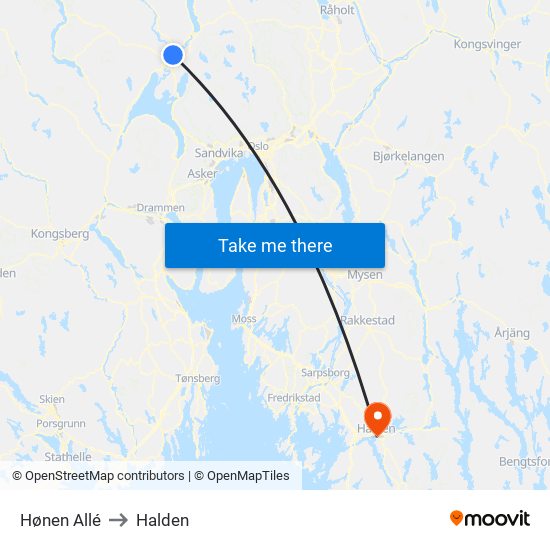 Hønen Allé to Halden map