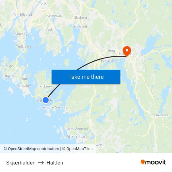 Skjærhalden to Halden map