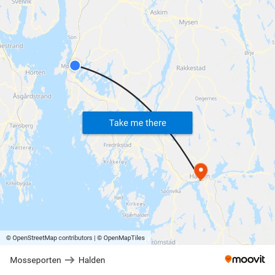 Mosseporten to Halden map