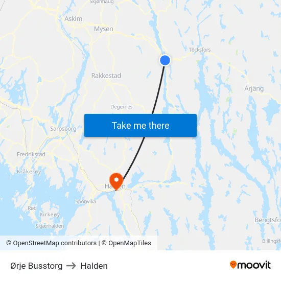 Ørje Busstorg to Halden map