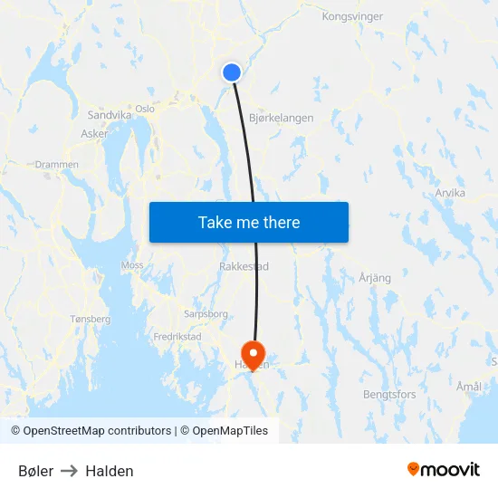 Bøler to Halden map