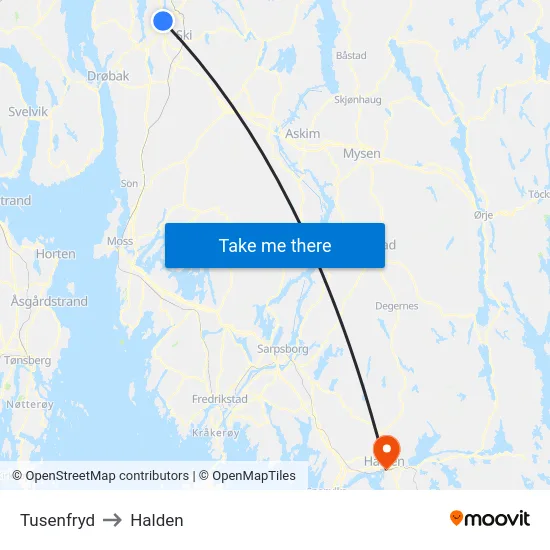 Tusenfryd to Halden map