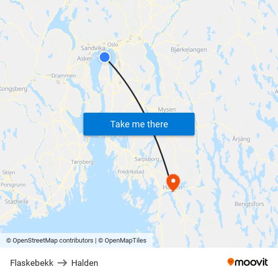 Flaskebekk to Halden map