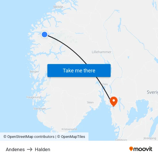 Andenes to Halden map