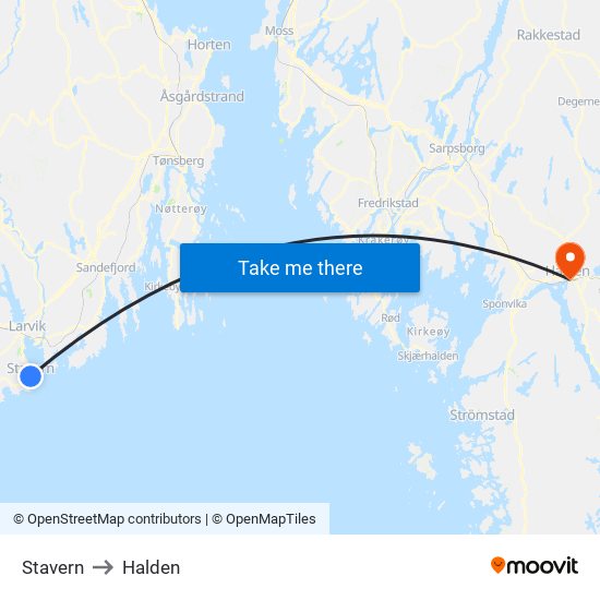 Stavern to Halden map