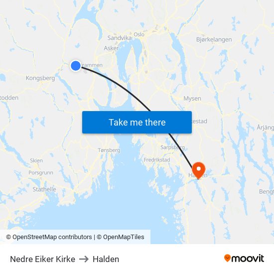Nedre Eiker Kirke to Halden map