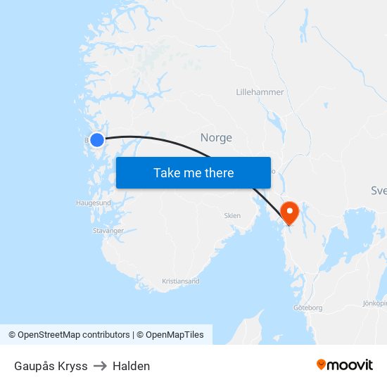 Gaupås Kryss to Halden map