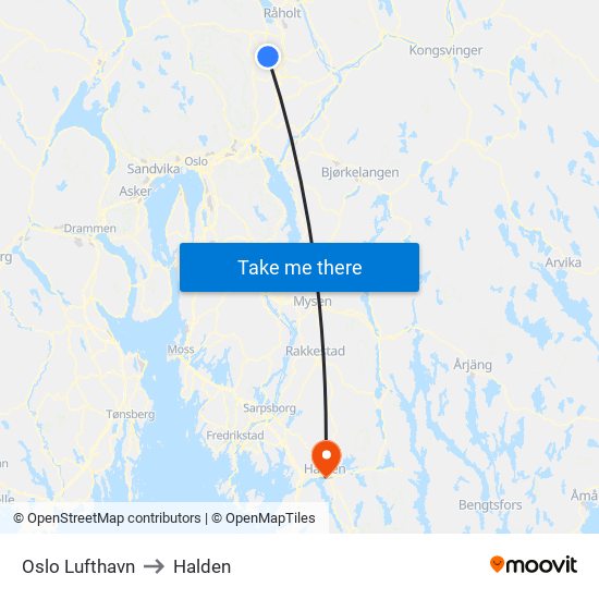 Oslo Lufthavn to Halden map