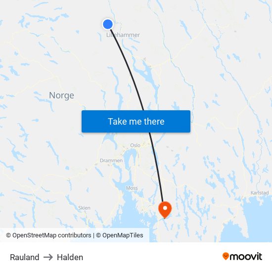Rauland to Halden map