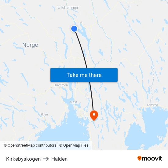 Kirkebyskogen to Halden map