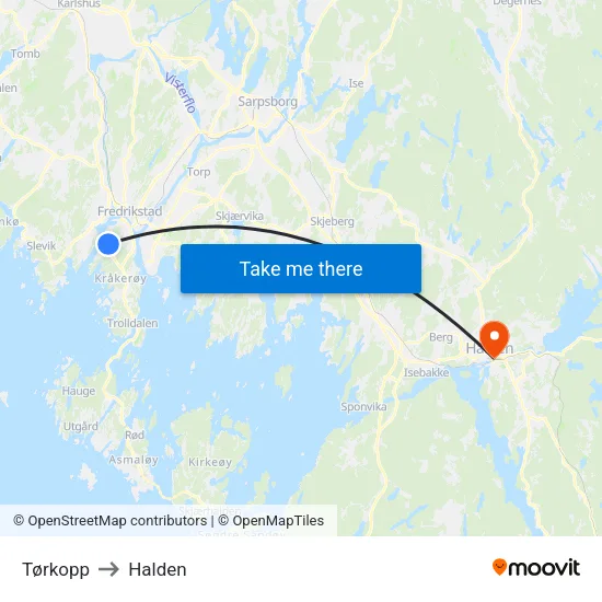 Tørkopp to Halden map