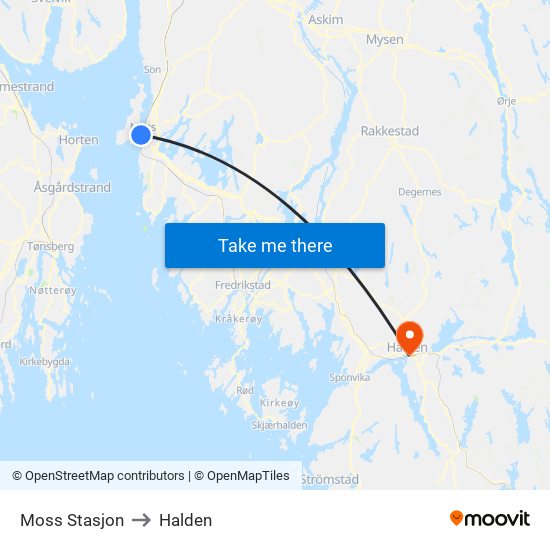 Moss Stasjon to Halden map