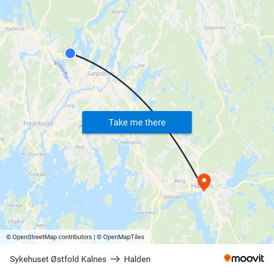 Sykehuset Østfold Kalnes to Halden map