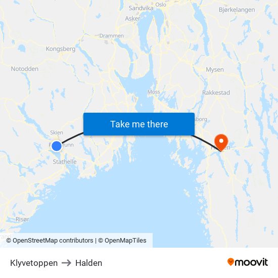 Klyvetoppen to Halden map