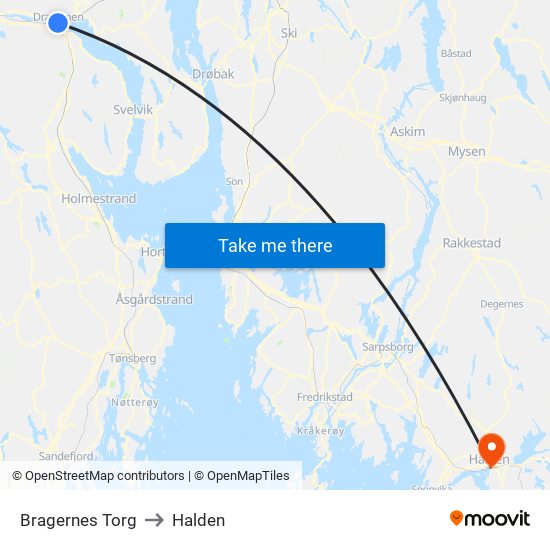 Bragernes Torg to Halden map