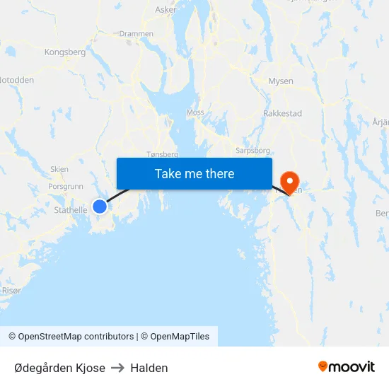 Ødegården Kjose to Halden map
