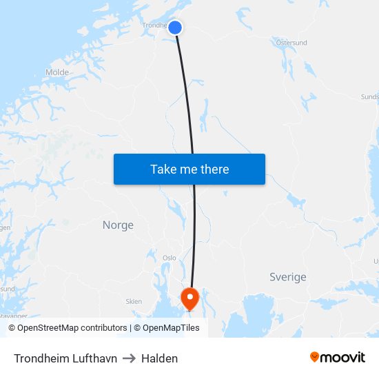 Trondheim Lufthavn to Halden map