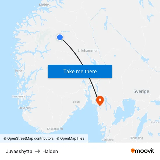 Juvasshytta to Halden map