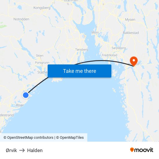 Ørvik to Halden map