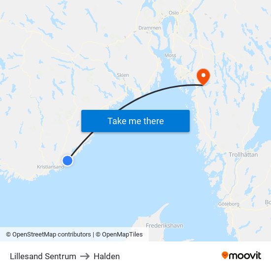 Lillesand Sentrum to Halden map