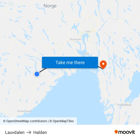 Lauvdalen to Halden map