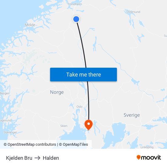 Kjelden Bru to Halden map