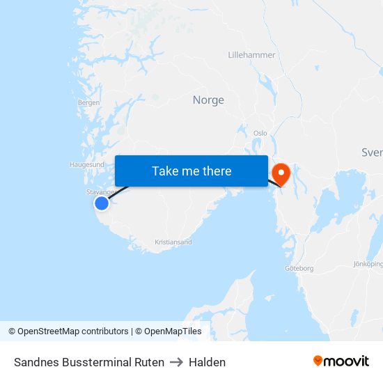 Sandnes Bussterminal Ruten to Halden map