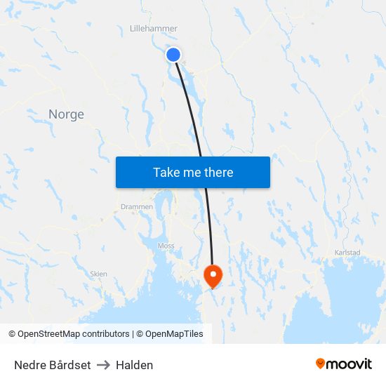 Nedre Bårdset to Halden map