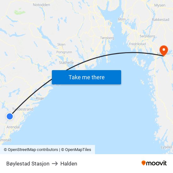 Bøylestad Stasjon to Halden map