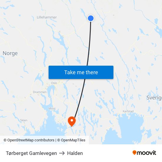 Tørberget Gamlevegen to Halden map