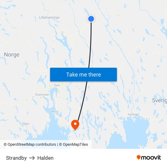 Strandby to Halden map