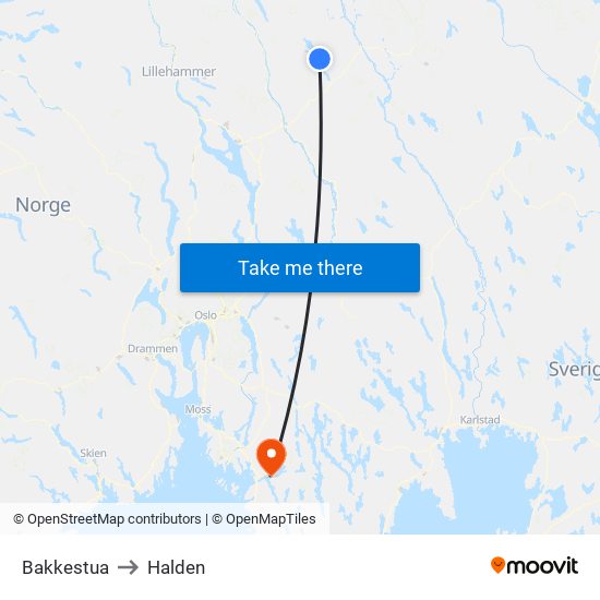 Bakkestua to Halden map